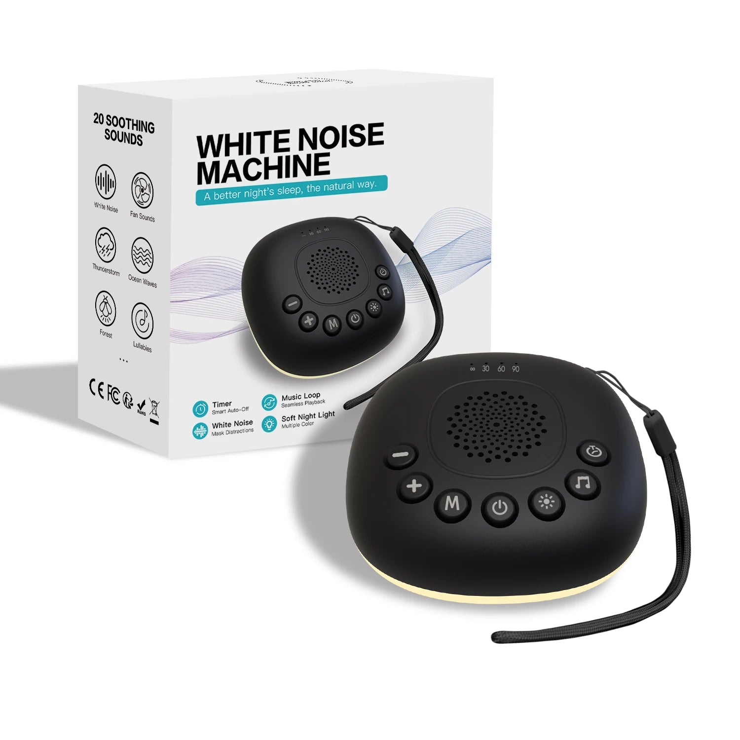 Portable White Noise Machine with  20 Sounds RGB Night Light Sleep Aid for Baby/Kids/Adults Timer Rechargeable Battery Travel